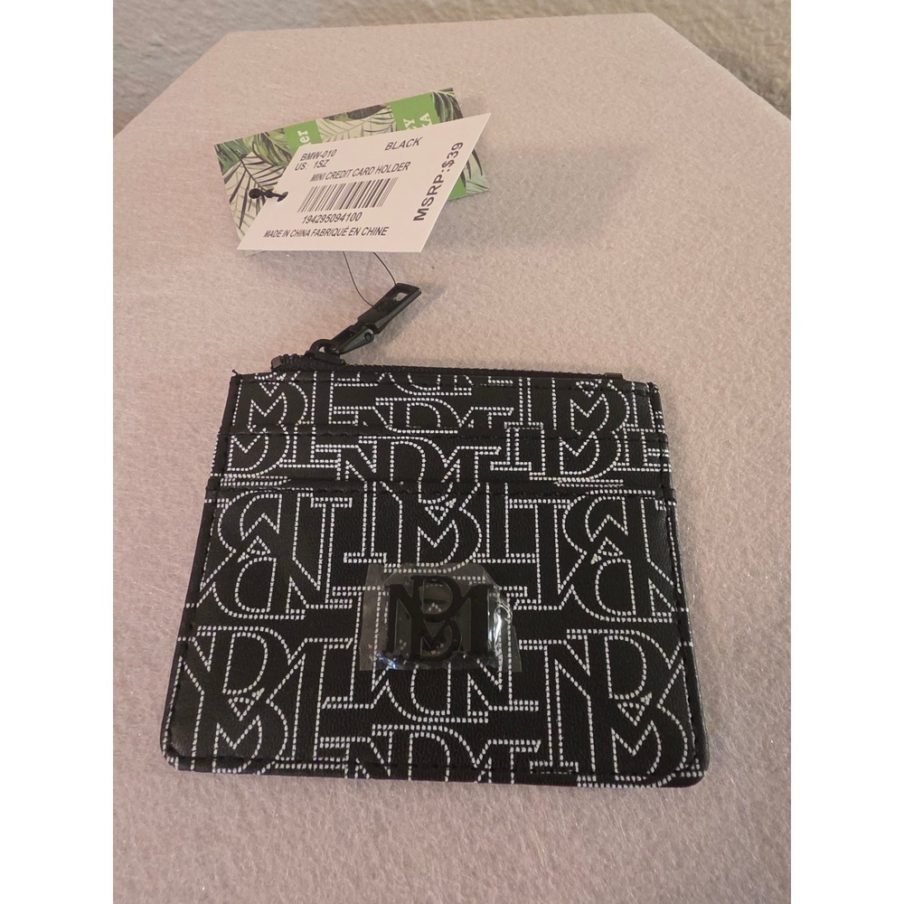 Badgley Mischka Mini Credit Card Holder Black White Vegan Leather BMW-010 NEW